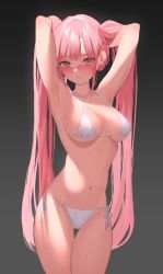 Rule 34 | 1girl, :3, absurdres, armpits, arms up, bikini, black background, blush, breasts, cameltoe, cleavage, closed mouth, covering nipples, covering privates, cowboy shot, gradient background, groin, halterneck, hands in hair, heart, heart-shaped eyewear, highres, long hair, looking at viewer, looking over eyewear, looking over glasses, medium breasts, navel, original, pink-tinted eyewear, pink-tinted glasses, pink eyes, pink hair, side-tie bikini bottom, simple background, smile, solo, stomach, string bikini, sunglasses, sutochan, sweat, swimsuit, thigh gap, thighs, tinted eyewear, twintails, veins, veiny breasts, white bikini