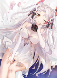 Rule 34 | 1girl, ahoge, azur lane, bad id, bad pixiv id, bare shoulders, breasts, bridal gauntlets, cleavage, dedeko, detached collar, detached sleeves, dress, feet out of frame, flower, frilled dress, frills, gold trim, grey hair, hair ornament, highres, knees together feet apart, multicolored hair, official alternate costume, one eye closed, petals, pink flower, prinz eugen (azur lane), prinz eugen (cruiser), prinz eugen (symphonic fate) (azur lane), red hair, smile, solo, strapless, strapless dress, thighs, two-tone hair, veil, white dress, white hair, ||/