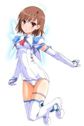 Rule 34 | 1girl, artist request, boots, brown hair, cosplay, djibril aries, djibril aries (cosplay), elbow gloves, full body, gloves, jpeg artifacts, makai tenshi djibril, misaka mikoto, red eyes, simple background, solo, thigh boots, thighhighs, third-party edit, toaru majutsu no index, wings