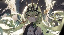 Rule 34 | 1girl, :d, absurdres, ai xiao meng, bare shoulders, black gloves, claw ring, close-up, crown, dress, earrings, elbow gloves, gloves, green eyes, green hair, grin, hair between eyes, hair ornament, highres, honkai (series), honkai impact 3rd, jewelry, long hair, looking at viewer, mobius (honkai impact), open mouth, pillar, single earring, sleeveless, sleeveless dress, smile, solo, teeth, wavy mouth