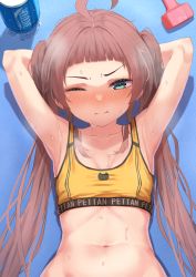 Rule 34 | 1girl, absurdres, ahoge, armpits, arms behind head, blunt bangs, blush, brown hair, closed mouth, green eyes, highres, hololive, long hair, natsuiro matsuri, one eye closed, solo, sports bra, starkamisan, sweat, twintails, virtual youtuber, yellow sports bra
