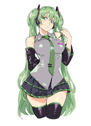 Rule 34 | 1girl, bare shoulders, black skirt, black thighhighs, breasts, closed mouth, collared shirt, cowboy shot, cropped legs, detached sleeves, green eyes, green hair, green necktie, grey shirt, hand up, hatsune miku, headphones, highres, large breasts, layered skirt, long hair, long sleeves, looking at viewer, necktie, pleated skirt, ruukii drift, shirt, simple background, skirt, solo, standing, thighhighs, twintails, very long hair, vocaloid, white background, wing collar, zettai ryouiki