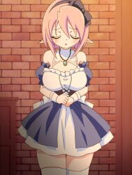 Rule 34 | 1girl, bow, breasts, brooch, bustier, closed eyes, corset, dress, elf, embarrassed, highres, jewelry, large breasts, nervous, pink hair, pointy ears, rune&#039;s pharmacy, rune (rune&#039;s pharmacy), screencap, short hair, stitched, sweat, sweatdrop, thighhighs, third-party edit