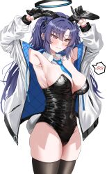 Rule 34 | 1girl, absurdres, alternate costume, animal ears, armpits, black gloves, black thighhighs, blue archive, blue necktie, blush, breasts, closed mouth, cowboy shot, detached collar, fake animal ears, gloves, groin, halo, highres, jacket, long hair, long sleeves, mechanical halo, medium breasts, necktie, nompang, open clothes, open jacket, purple eyes, purple hair, rabbit ears, simple background, solo, spoken blush, thighhighs, two-sided fabric, two-sided jacket, two side up, white background, white jacket, yuuka (blue archive)