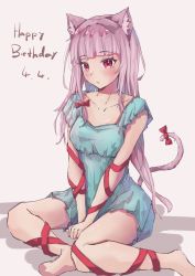 Rule 34 | 1girl, animal ear fluff, animal ears, blue dress, blush, breasts, cat ears, cat girl, cat tail, dress, embarrassed, hair ribbon, highres, hololive, hololive english, holomyth, long hair, looking at viewer, mori calliope, open mouth, red ribbon, ribbon, shironekokfp, simple background, solo, tail, tail ornament, tail ribbon, virtual youtuber