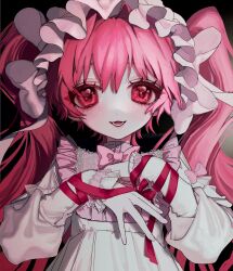 Rule 34 | 1girl, absurdres, bow, bowtie, commentary, dress, frilled sleeves, frills, hairband, hands up, heart, heart in eye, highres, lolita hairband, long hair, long sleeves, looking at viewer, lower teeth only, numata zombie, open mouth, original, pink bow, pink bowtie, pink eyes, pink hair, pink nails, red ribbon, ribbon, smile, solo, symbol-only commentary, symbol in eye, teeth, twintails, upper body, very long hair, white bow, white dress