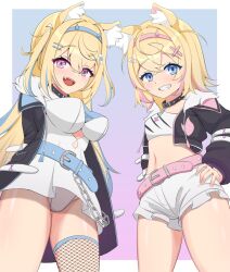 Rule 34 | 2girls, ahoge, animal ears, belt, black jacket, blonde hair, blue belt, blue eyes, blue hair, breasts, collarbone, cropped jacket, cropped shirt, dog ears, dog girl, dog tail, dress, fang, frilled shorts, frills, fur-trimmed jacket, fur trim, fuwawa abyssgard, fuwawa abyssgard (1st costume), hair ornament, hairclip, headband, highres, hololive, hololive english, jacket, large breasts, long hair, long sleeves, midriff, mococo abyssgard, mococo abyssgard (1st costume), multicolored hair, multiple girls, navel, open mouth, panties, pink belt, pink eyes, pink hair, sharp teeth, sherr (artist), shirt, short hair, short shorts, shorts, siblings, simple background, single thighhigh, small breasts, streaked hair, tail, teeth, thighhighs, twins, two side up, underwear, virtual youtuber, white dress, white shirt, x hair ornament