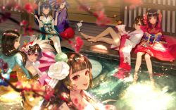 Rule 34 | 6+girls, blurry, character request, commentary request, depth of field, closed eyes, flower, gu huo niao, hair flower, hair ornament, japanese clothes, kimono, long hair, long sleeves, looking at viewer, mask, mask on head, multiple girls, onmyoji, onmyouji, partially submerged, pink eyes, red eyes, red kimono, say hana, short hair, sitting, smile, soaking feet, tao hua yao, water, white flower, white kimono, wide sleeves, wooden floor