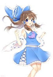 Rule 34 | 1girl, absurdres, alternate color, artist name, ascot, bad id, bad pixiv id, bare shoulders, blue bow, blue nails, blue skirt, blush, bow, breasts, brown eyes, brown hair, commentary request, detached sleeves, feet out of frame, frilled bow, frills, hair between eyes, hair bow, hair tubes, hakurei reimu, hands up, highres, long hair, long sleeves, looking at viewer, medium breasts, midriff peek, nail polish, navel, open mouth, petticoat, purple ascot, sarashi, shinonome asu, sidelocks, simple background, skirt, solo, touhou, twitter username, white background, wide sleeves