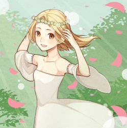 Rule 34 | 10s, 1girl, blonde hair, breasts, brown eyes, collarbone, day, detached sleeves, dress, elaine, flower wreath, head wreath, long sleeves, looking at viewer, nanatsu no taizai, open mouth, outdoors, pink petals, red ribbon, ribbon, ribbon-trimmed sleeves, ribbon trim, short hair, small breasts, smile, solo, sunlight, upper body, white dress, wide sleeves, wind, yellow eyes