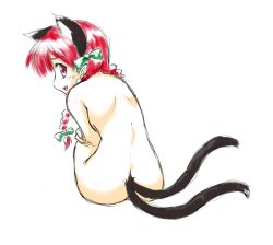 Rule 34 | 1girl, animal ears, back, braid, cat ears, cat girl, cat tail, extra ears, fang, female focus, from behind, kaenbyou rin, looking back, multiple tails, nekokichi, nude, pointy ears, red hair, solo, tail, touhou, twin braids