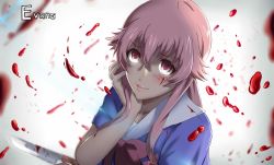 Rule 34 | 1girl, artist name, blood, blood on face, bloody knife, blue shirt, bow, bowtie, collarbone, gasai yuno, hair between eyes, head rest, highres, holding, holding knife, knife, long hair, mirai nikki, pink bow, pink bowtie, pink hair, shirt, smile, solo, upper body