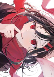 Rule 34 | 1girl, absurdres, black jacket, blurry, blurry foreground, brown hair, exif rotation, hair ornament, hairclip, highres, holding, holding clothes, holding scarf, jacket, kagerou project, long hair, looking at viewer, looking away, mahiru yura, open mouth, red eyes, red scarf, rotated, scarf, sidelocks, simple background, smile, solo, tateyama ayano, upper body, white background