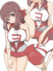 Rule 34 | 1girl, ass, breasts, brown eyes, brown hair, commentary request, elbow pads, girls und panzer, hand on own chest, hand on own knee, hand on own thigh, head out of frame, head tilt, headband, highres, knee pads, kondou taeko, large breasts, leaning forward, looking at viewer, medium hair, multiple views, open mouth, pantylines, parted lips, red headband, red shirt, red shorts, shirt, short shorts, shorts, simple background, single vertical stripe, sitting, sleeveless, sleeveless shirt, smile, sportswear, standing, sweatdrop, thigh gap, translated, volleyball uniform, white background, yabai gorilla