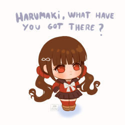 Rule 34 | 1girl, arms behind back, black sailor collar, black skirt, blunt bangs, blush, brown hair, chibi, commentary, danganronpa (series), danganronpa v3: killing harmony, english text, frown, full body, hair ornament, hairclip, harukawa maki, long sleeves, looking at viewer, low twintails, meme, miniskirt, missarilicious, mole, mole under eye, pleated skirt, red eyes, red scrunchie, red shirt, red thighhighs, sailor collar, school uniform, scrunchie, shirt, skirt, solo, symbol-only commentary, thighhighs, twintails, zettai ryouiki