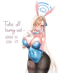 Rule 34 | 1girl, absurdres, animal ears, asuna (blue archive), asuna (bunny) (blue archive), asymmetrical bangs, bare shoulders, blue archive, blue bow, blue bowtie, blue eyes, blue leotard, blue ribbon, blush, bow, bowtie, breasts, cleavage, commentary, covered navel, cowboy shot, detached collar, english commentary, english text, fake animal ears, gloves, grin, hair over one eye, hair ribbon, halo, hand on own chest, highres, large breasts, leotard, light brown hair, long hair, looking at viewer, machulanko, meme, pantyhose, playboy bunny, rabbit ears, ribbon, smile, solo, swept bangs, teeth, thick thighs, thighs, twitter strip game (meme), white background, white gloves