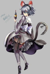Rule 34 | 1girl, 2016, alternate costume, animal ears, apron, bishamonten&#039;s pagoda, black footwear, black thighhighs, blue eyes, dated, enmaided, frown, full body, garter straps, high heels, houdukixx, long sleeves, looking at viewer, looking back, maid, maid headdress, mouse ears, mouse tail, nazrin, shoes, signature, silver hair, solo, tail, thighhighs, touhou, waist apron, wide sleeves