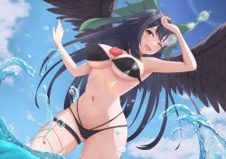 Rule 34 | 1girl, absurdres, armpits, arms up, bikini, black bikini, black hair, black wings, blue sky, bow, breasts, cleavage, cloud, cloudy sky, cowboy shot, day, dutch angle, feathered wings, green bow, hair bow, hand on own head, highres, large breasts, layered bikini, lens flare, light blush, long hair, looking at viewer, navel, o-ring, o-ring top, o1118, ocean, one eye closed, open mouth, outdoors, outstretched arm, partially submerged, red eyes, reiuji utsuho, sky, smile, solo, standing, swimsuit, thigh strap, third eye, touhou, wading, water, water drop, wings