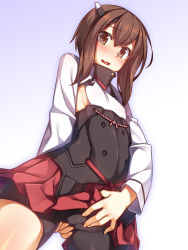 Rule 34 | 10s, 1girl, bike shorts, blush, brown eyes, brown hair, cameltoe, clothes lift, highres, kantai collection, looking at viewer, open mouth, personification, racer (magnet), short hair, skirt, skirt lift, solo, taihou (kancolle), wavy mouth