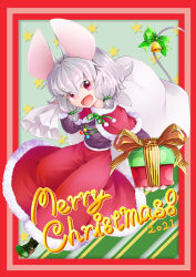Rule 34 | 1girl, alternate costume, animal ears, bbb (33kudo), bell, border, bow, capelet, christmas, commentary request, eyes visible through hair, full body, fur-trimmed capelet, fur-trimmed skirt, fur trim, gift, green bow, grey hair, hair between eyes, highres, holding, holding gift, holding sack, large ears, long skirt, long sleeves, looking at viewer, merry christmas, mouse ears, mouse girl, mouse tail, nazrin, open mouth, red border, red capelet, red eyes, red skirt, sack, short hair, skirt, smile, solo, star (symbol), starry background, tail, tail bell, tail bow, tail ornament, touhou