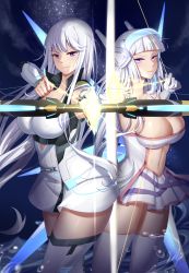 Rule 34 | 2girls, absurdres, alternate costume, arrow (projectile), azur lane, bow (weapon), breasts, chinese commentary, cleavage, commentary request, cowboy shot, drawing bow, enterprise (azur lane), grey hair, headset, highres, holding, holding bow (weapon), holding weapon, illustrious (azur lane), long hair, looking at viewer, multiple girls, star (sky), thighhighs, weapon, xiaoli (1507)