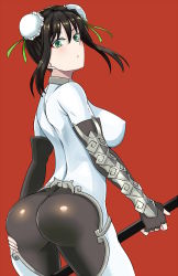 Rule 34 | 1girl, absurdres, artist request, ass, back, black hair, bodysuit, breasts, bun cover, chinese clothes, covered erect nipples, double bun, fate/grand order, fate (series), fingerless gloves, gloves, green eyes, hair bun, highres, large breasts, looking at viewer, looking back, ninja, open mouth, pants, polearm, qin liangyu (fate), shiny clothes, short hair, sideboob, skin tight, solo, spear, standing, tight clothes, tight pants, weapon