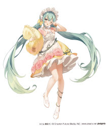 Rule 34 | absurdres, aqua hair, blush, bow, bowtie, commentary request, crypton future media, dot nose, dress, floral dress, flower, frills, green eyes, green hair, hair bow, hairband, hand on own face, hatsune miku, highres, kanda done, knees apart feet together, knees together feet apart, leg up, long hair, looking at viewer, low twintails, maid headdress, mixed-language text, open mouth, pillow, pink flower, pink footwear, pink rose, plant, rose, simple background, skirt, sleeveless, sleeveless dress, standing, suspender skirt, suspenders, twintails, vines, vocaloid, white background, white bow, white dress, white hairband, yawning, yellow bow