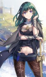 Rule 34 | .com (bot com1), 1girl, black shorts, blue eyes, blue hair, brown pantyhose, byleth (female) (fire emblem), byleth (fire emblem), closed mouth, clothing cutout, dagger, fire emblem, fire emblem: three houses, hair between eyes, highres, knife, lace, lace-trimmed legwear, lace trim, navel cutout, nintendo, pantyhose, pantyhose under shorts, petals, print pantyhose, sheath, sheathed, short shorts, shorts, smile, solo, sword, sword of the creator, weapon
