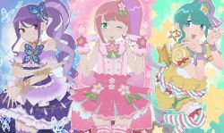 Rule 34 | 3girls, bad id, bad twitter id, bare shoulders, blue eyes, butterfly hair ornament, center frills, closed mouth, column lineup, commentary request, cowboy shot, double w, dress, fingers to cheeks, flower, frills, gloves, green eyes, hair bun, hair flower, hair ornament, hands up, highres, idol clothes, junon (pripara), kanon (pripara), kemura (puripurinea), long hair, looking at viewer, multicolored hair, multiple girls, one eye closed, open mouth, pink flower, pink gloves, pink hair, pink shirt, pink skirt, pinon (pripara), pretty series, pripara, puffy short sleeves, puffy sleeves, purple dress, purple hair, red eyes, shirt, short sleeves, side ponytail, sidelocks, single side bun, skirt, smile, standing, standing on one leg, star (symbol), streaked hair, striped clothes, striped thighhighs, thighhighs, tongue, tongue out, w, yellow dress