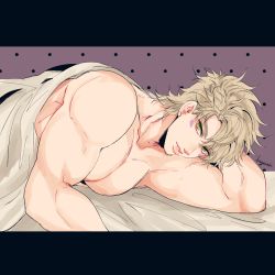 Rule 34 | 1boy, artist name, battle tendency, blonde hair, caesar anthonio zeppeli, completely nude, dotted background, facial mark, green eyes, highres, jojo no kimyou na bouken, kogatarou, letterboxed, lying, male focus, muscular, no headwear, nude, on bed, on side, parted lips, short hair, signature, simple background, solo, topless male, under covers