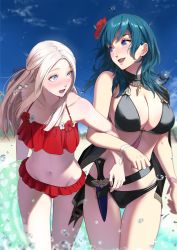 Rule 34 | 2girls, :d, bare arms, bare shoulders, bikini, black bikini, blue eyes, blue hair, blue sky, blush, breasts, byleth (female) (fire emblem), byleth (female) (summer) (fire emblem), byleth (fire emblem), cleavage, collarbone, commentary request, dagger, day, edelgard von hresvelg, eye contact, fire emblem, fire emblem: three houses, fire emblem heroes, flower, forehead, frilled bikini, frills, groin, hair ribbon, hibiscus, highres, jewelry, knife, large breasts, leaning forward, locked arms, long hair, looking at another, mueririko, multiple girls, navel, necklace, nintendo, nose blush, official alternate costume, open mouth, outdoors, parted bangs, purple eyes, purple ribbon, red flower, ribbon, sheath, silver hair, sky, smile, stomach, swimsuit, thigh gap, thighs, wading, water, weapon, wristband, yuri