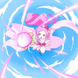 Rule 34 | 1girl, :o, beam, bow, brooch, cape, cloud, clover hair ornament, commentary request, cure blossom, day, dress, floating hair, flying, foreshortening, gem, hair bow, hair ornament, hanasaki tsubomi, heart, heart brooch, heartcatch precure!, highres, holding, holding staff, leg up, long hair, looking at viewer, magical girl, matatabi (karukan222), open mouth, pink eyes, pink hair, ponytail, precure, sky, solo, speed lines, staff, teeth, v-shaped eyebrows, very long hair, wrist cuffs