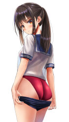 Rule 34 | 1girl, black hair, blue buruma, blue sailor collar, buruma, buruma pull, clothes pull, commentary request, competition swimsuit, cowboy shot, from behind, highres, long hair, looking at viewer, looking back, one-piece swimsuit, original, ponytail, red eyes, red one-piece swimsuit, sailor collar, sailor shirt, school uniform, serafuku, shirt, short sleeves, simple background, solo, standing, swimsuit, swimsuit under clothes, white background, yukemuriganmo