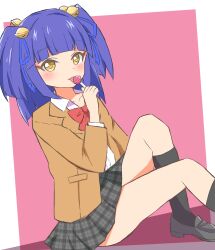 Rule 34 | 1girl, absurdres, bell, black socks, blue hair, blush, bow, bowtie, candy, collarbone, food, hair bell, hair ornament, heinkeluhu, highres, holding, holding candy, holding food, holding lollipop, jashin-chan dropkick, licking, lollipop, looking at viewer, miniskirt, pink background, pleated skirt, ran-ran, red bow, red bowtie, school uniform, short hair, simple background, sitting, skirt, socks, solo, yellow eyes
