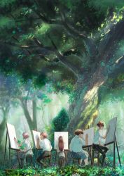 Rule 34 | 2boys, 3girls, brown hair, bush, collared shirt, dappled sunlight, day, easel, forest, grass, highres, light particles, long hair, looking away, moss, multiple boys, multiple girls, nature, nurie (siniariot), original, outdoors, painting (action), pants, plant, scenery, shirt, short hair, short sleeves, sitting, skirt, stool, sunlight, tree