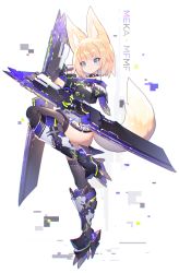 Rule 34 | 1girl, absurdres, animal ears, bare shoulders, black thighhighs, blonde hair, blue eyes, blush, boots, chromatic aberration, collar, dual wielding, fox ears, fox tail, full body, high heel boots, high heels, highres, holding, holding weapon, mamuru, original, short hair, smile, solo, standing, standing on one leg, tail, thighhighs, weapon, white background