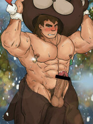 Rule 34 | 1boy, abs, animal costume, bar censor, bara, bear costume, blush, brown hair, censored, clothing aside, cosplay, cowboy shot, erection, fate/grand order, fate (series), highres, huge eyebrows, large pectorals, looking at viewer, male focus, male pubic hair, mature male, muscular, muscular male, nanman shi, navel, navel hair, nipple piercing, nipple rings, no male underwear, orion (bear) (fate), orion (bear) (fate) (cosplay), pectorals, penis, piercing, pubic hair, removing mask, short hair, solo, stomach, strongman waist, super orion (fate), sweat, topless male, veins, veiny penis, very sweaty