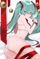 Rule 34 | 1girl, 3:, aqua hair, ass, bauble, bebe (bebe pp), bed sheet, blurry, bra, breasts, christmas ornaments, closed mouth, cowboy shot, depth of field, embarrassed, eyelashes, food, fruit, grey eyes, hair between eyes, hair ornament, hatsune miku, highres, holding, holding food, holding fruit, long hair, looking at viewer, looking back, lying, medium breasts, on bed, on side, panties, red ribbon, ribbon, sidelocks, signature, skindentation, sleeveless, solo, strap, strawberry, twintails, underboob, underwear, very long hair, vocaloid, white background, white bra, white panties, wrist cuffs