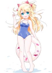 Rule 34 | 1girl, arm up, blonde hair, blue eyes, blue one-piece swimsuit, breasts, cleavage, collarbone, competition school swimsuit, full body, hair ribbon, half updo, halterneck, highres, himesaka noa, holding, holding swim ring, imai kazunari, innertube, long hair, navel, one-piece swimsuit, open mouth, puddle, ribbon, school swimsuit, simple background, small breasts, solo, swim ring, swimsuit, thick eyebrows, watashi ni tenshi ga maiorita!, white background, wide hips