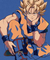 Rule 34 | 1boy, blonde hair, blue background, boots, bracer, dougi, dragon ball, dragonball z, hand on own cheek, hand on own face, highres, looking at viewer, magu 5, male focus, muscular, muscular male, simple background, sitting, solo, son goku, spiked hair, super saiyan, super saiyan 1