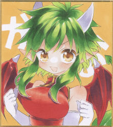 Rule 34 | 1girl, blush, breasts, brown eyes, clenched hands, draco centauros, dragon tail, dragon wings, dress, elbow gloves, eyelashes, fang, gloves, green hair, large breasts, madou monogatari, open mouth, orange background, pointy ears, puyopuyo, red dress, red wings, short hair, sidelocks, skin fang, solo, tail, translation request, upper body, white gloves, white wings, wings, wminiminiw
