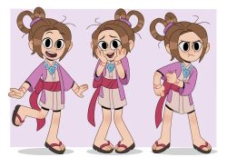 Rule 34 | 1girl, :d, absurdres, ace attorney, black eyes, bow, brown hair, commentary, english commentary, full body, hair ornament, hair rings, half updo, hands on own cheeks, hands on own face, highres, japanese clothes, jewelry, kimono, long hair, long sleeves, looking at viewer, magatama, magatama necklace, messy hair, necklace, open mouth, paula peroff, pearl fey, pink sash, pout, sandals, sash, short kimono, smile, standing, standing on one leg, teeth, the ghost and molly mcgee, toon (style), twisted hair, upper teeth only, waist bow