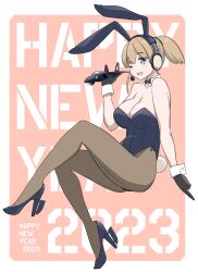 Rule 34 | 1girl, 2023, animal ears, black gloves, blue eyes, blue leotard, bow, bowtie, breasts, cleavage, collar, f-14 tomcat, fake animal ears, fake tail, gloves, happy new year, headphones, high heels, highres, intrepid (kancolle), kantai collection, large breasts, leotard, light brown hair, looking at viewer, new year, one eye closed, open mouth, pantyhose, playboy bunny, ponytail, rudder footwear, smile, tail, tamu (mad works), wrist cuffs