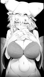 Rule 34 | 1girl, animal hat, bottomless, bra, breasts, cleavage, closed mouth, commentary, greyscale, hat, highres, large breasts, long sleeves, looking to the side, mizuga, mob cap, monochrome, navel, short hair, simple background, solo, stomach, sweatdrop, symbol-only commentary, touhou, underwear, wide sleeves, yakumo ran