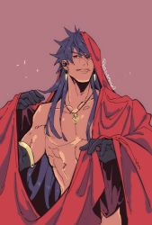 Rule 34 | 1boy, abs, cloak, dark-skinned male, dark skin, earrings, fate/grand order, fate (series), greco-roman clothes, jewelry, koryuu (gackter10), large pectorals, long hair, male focus, muscular, nipples, pectorals, purple hair, red eyes, roman clothes, romulus quirinus (fate), smile, solo, topless male, very long hair