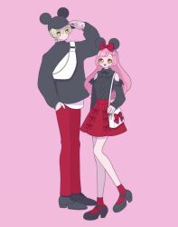 Rule 34 | 1boy, 1girl, :d, animal ears, arm up, ayase naru, baseball cap, black footwear, black sweater, blonde hair, brown eyes, clothing cutout, full body, hand in pocket, hand on headwear, hat, highres, king of prism, kisaragi louis, long hair, long sleeves, looking at viewer, mouse ears, nyaasechan, open mouth, pants, pink background, pink hair, pretty rhythm, pretty series, red pants, red skirt, red socks, shoes, short hair, shoulder cutout, simple background, skirt, smile, socks, standing, sweater, white bag, yellow eyes