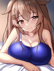 Rule 34 | 1girl, bed, blanket, blue one-piece swimsuit, blush, breasts, brown eyes, cleavage, collarbone, competition swimsuit, hair between eyes, hair flaps, hair ornament, hairclip, heterochromia, highres, indoors, kantai collection, large breasts, light brown hair, lips, long hair, looking at viewer, lying, montemasa, murasame (kancolle), murasame kai ni (kancolle), one-piece swimsuit, red eyes, smile, solo, swimsuit, two-tone swimsuit, two side up