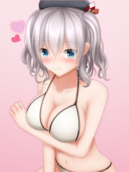 Rule 34 | 10s, 1girl, bikini, blue eyes, blush, breasts, cleavage, female focus, gengodou, hat, kantai collection, kashima (kancolle), large breasts, long hair, looking at viewer, navel, solo, swimsuit, tapisuke, twintails
