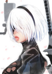 Rule 34 | 1girl, 1other, android, artist name, asymmetrical bangs, black dress, black hairband, blindfold, breasts, butcha-u, dress, hairband, highres, katana, large breasts, lips, mole, mole under mouth, nier:automata, nier (series), pod (nier:automata), robot, short hair, signature, solo, sword, thick lips, traditional media, upper body, weapon, white hair, 2b (nier:automata)