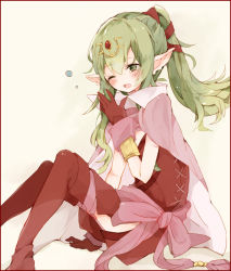 Rule 34 | 1girl, adjusting hair, aged up, bad id, bad pixiv id, blush, boots, border, bow, cape, dress, fire emblem, fire emblem awakening, gloves, green eyes, green hair, hair ornament, hair ribbon, large bow, long hair, matching hair/eyes, nintendo, open mouth, pointy ears, ponytail, red border, red thighhighs, ribbon, short dress, sikuku, sitting, solo, tears, thigh boots, thighhighs, tiki (adult) (fire emblem), tiki (fire emblem), wince